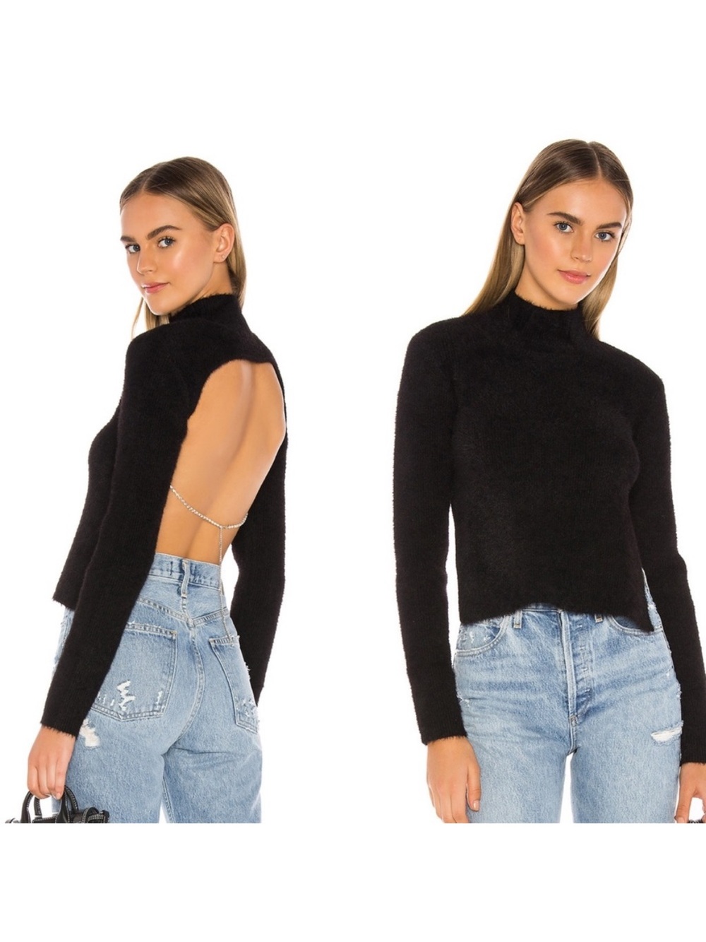 H:ours x revolve fuzzy mock neck black open back sweater rhinestone clasp sz s